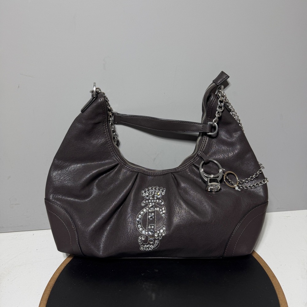 Juicy Couture Hobo Bag Medium Slouchy Rhinestone Brown Y2K Handbag Vegan Leather